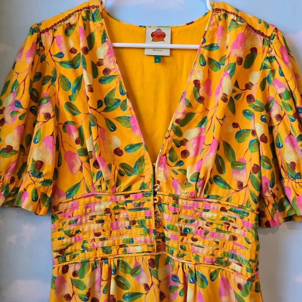 FARM Rio Yellow Floral V-Neck Midi Dress with Pink & Green Accents - Picture 1 of 5